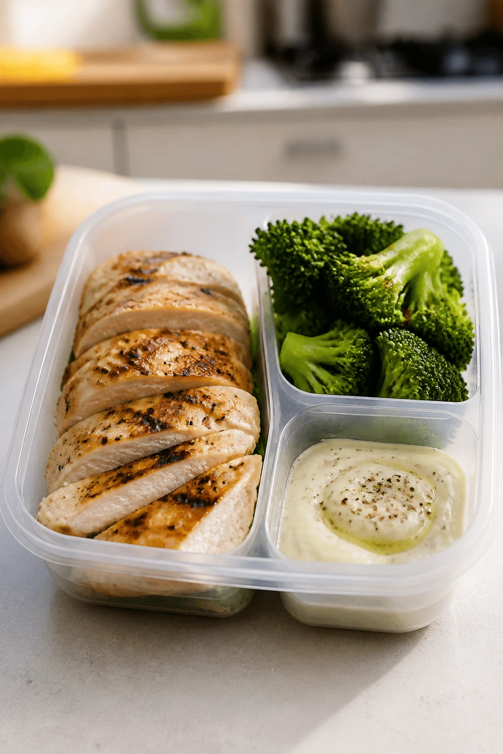 Close-up of a leaner lunch box with protein and vegetables on a kitchen counter
