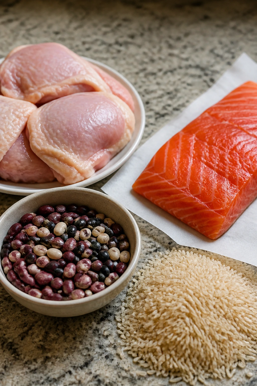 Assortment of lean protein, fish, beans, and rice on counter