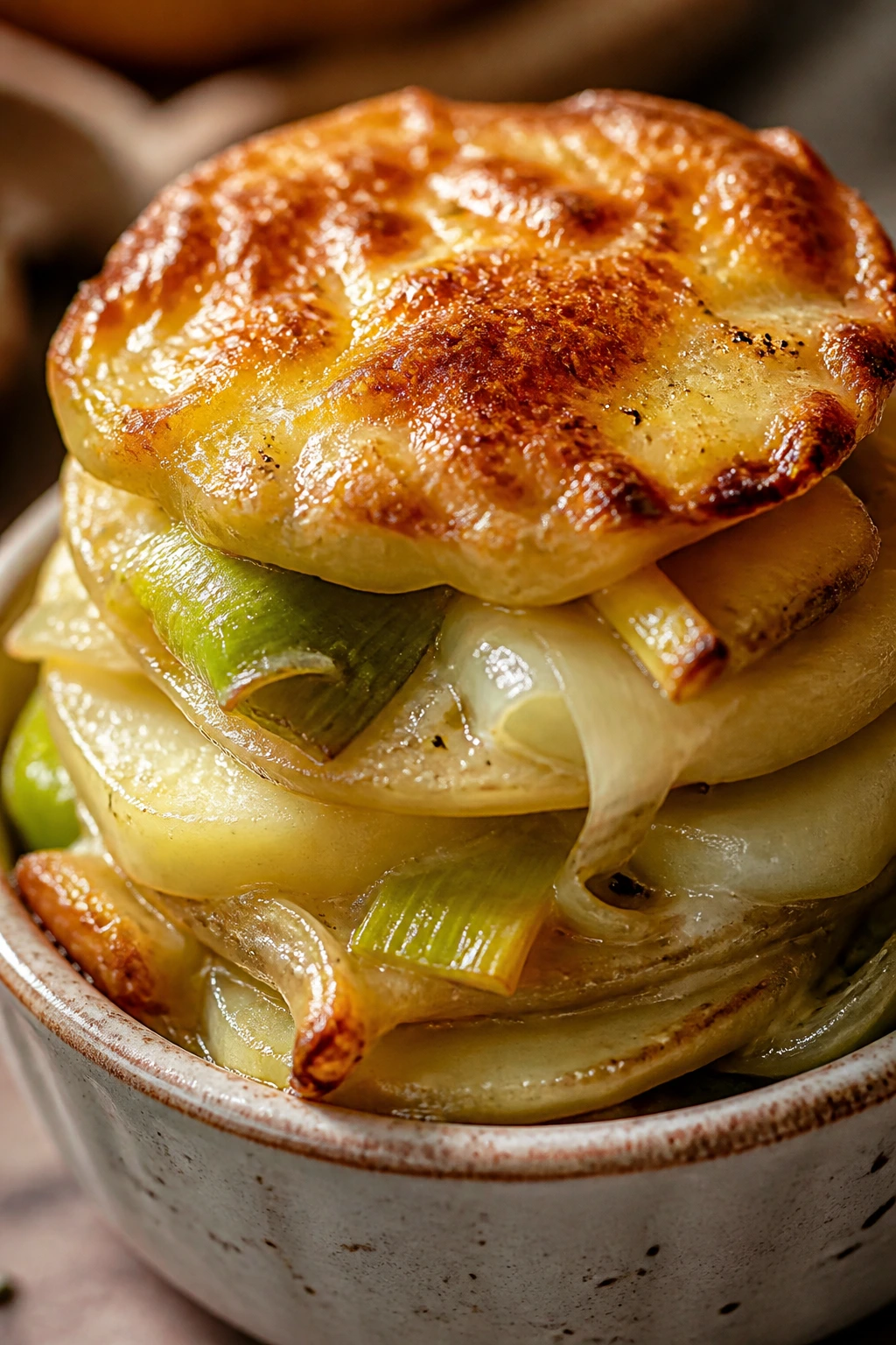 Close-up of leek and potato stack in ramekin with melted cheese on rustic counter