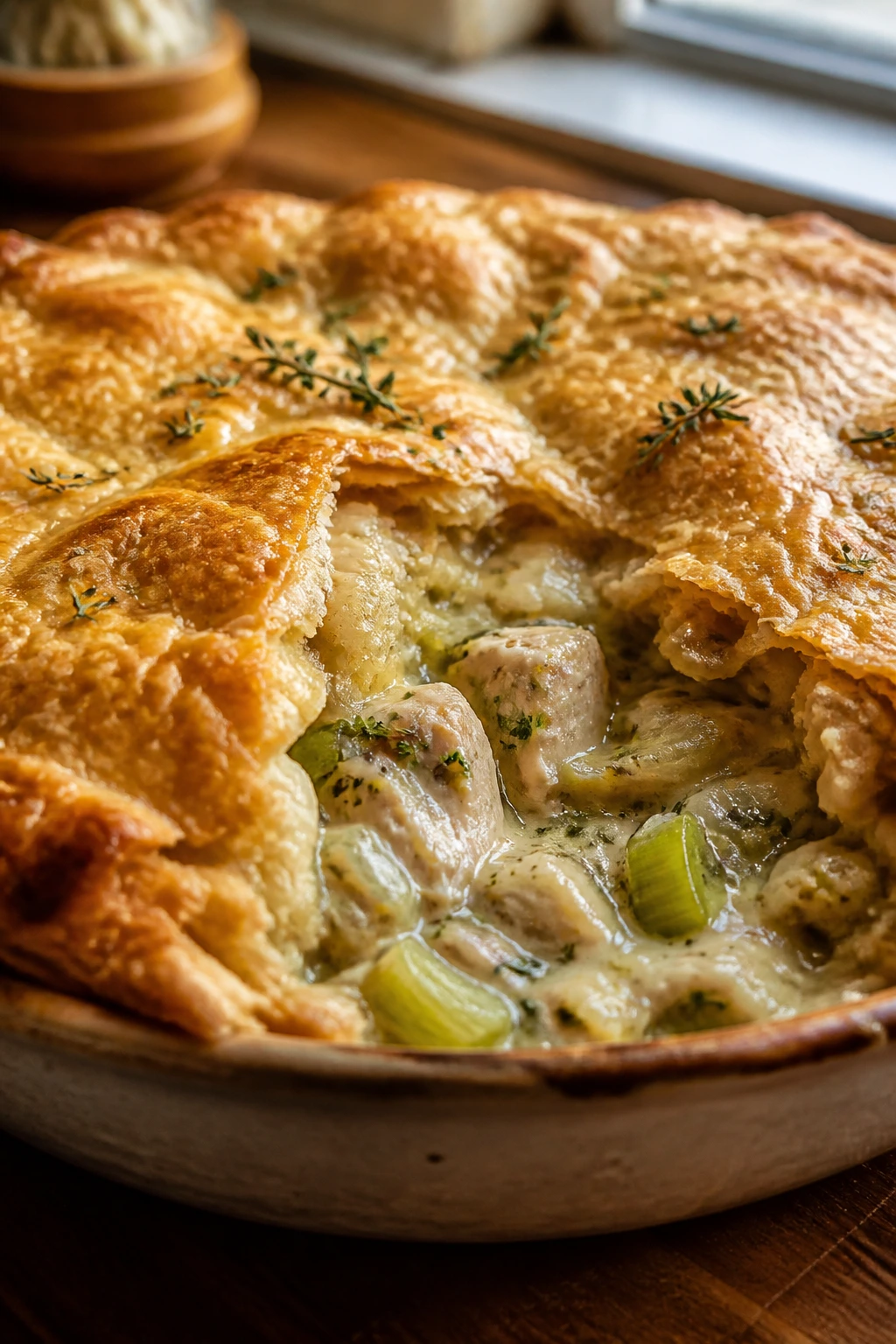 Close-up of Leek and Thyme Chicken Pot Pie showing leeks and thyme in creamy filling