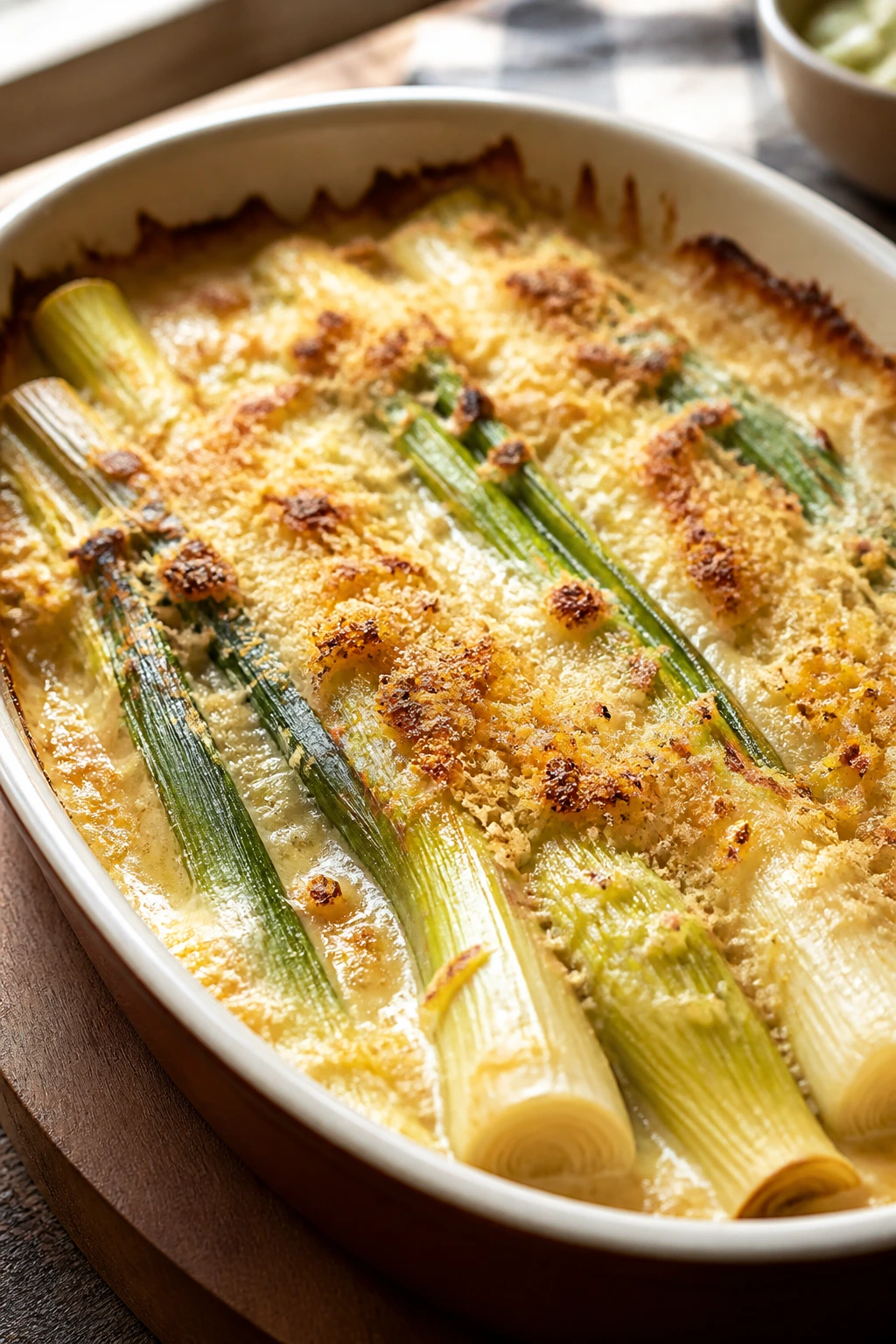 Baked leeks with melted cheese and breadcrumbs in a baking dish