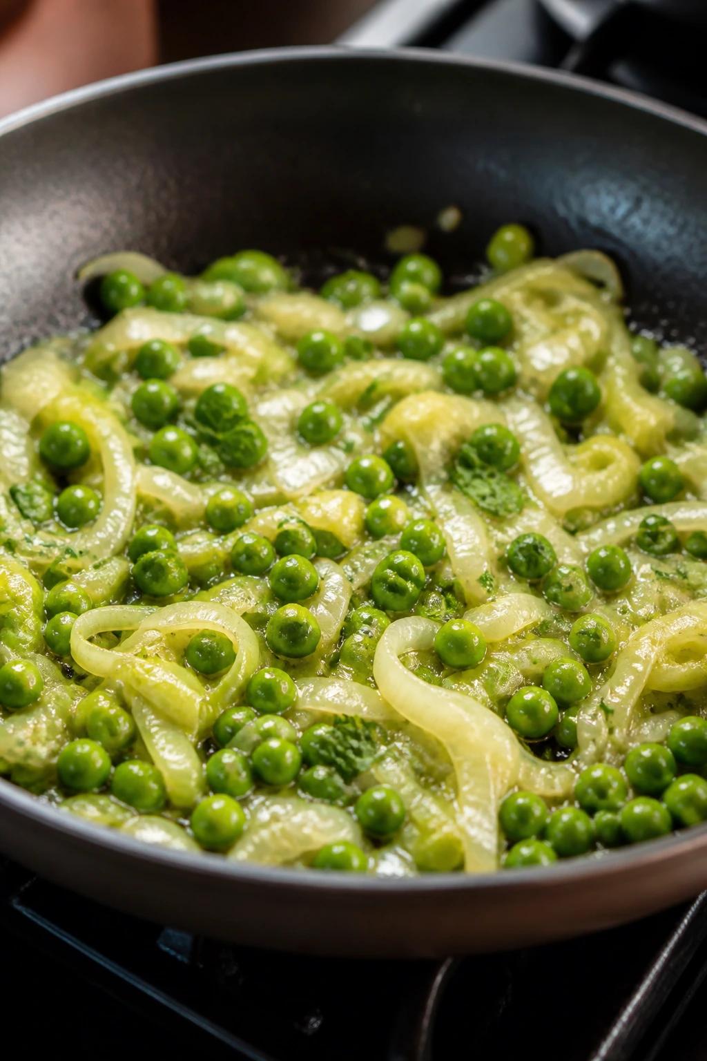 Close-up of leek and pea sauté in a buttery skillet