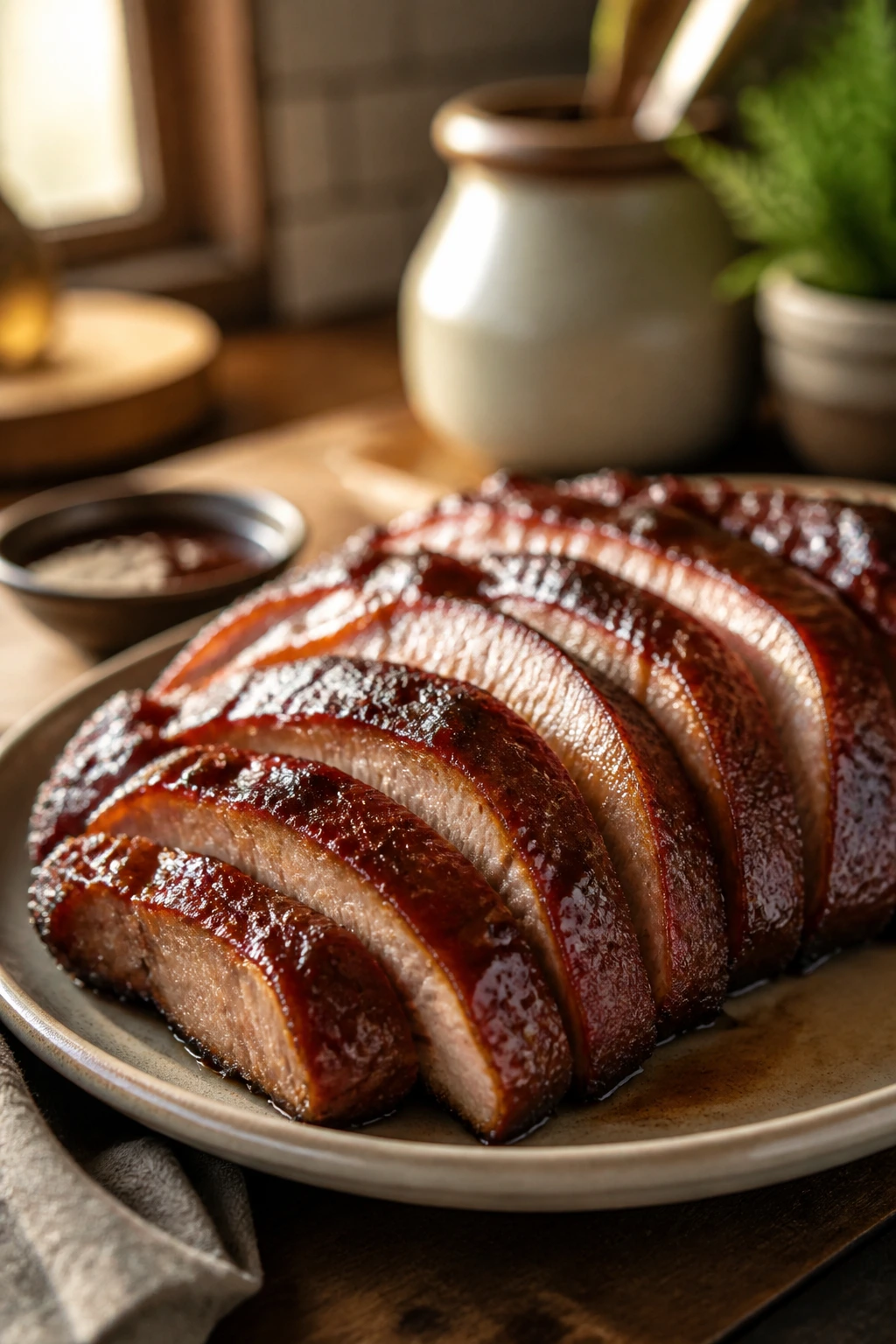 Leftover BBQ pork slices on a warm plate