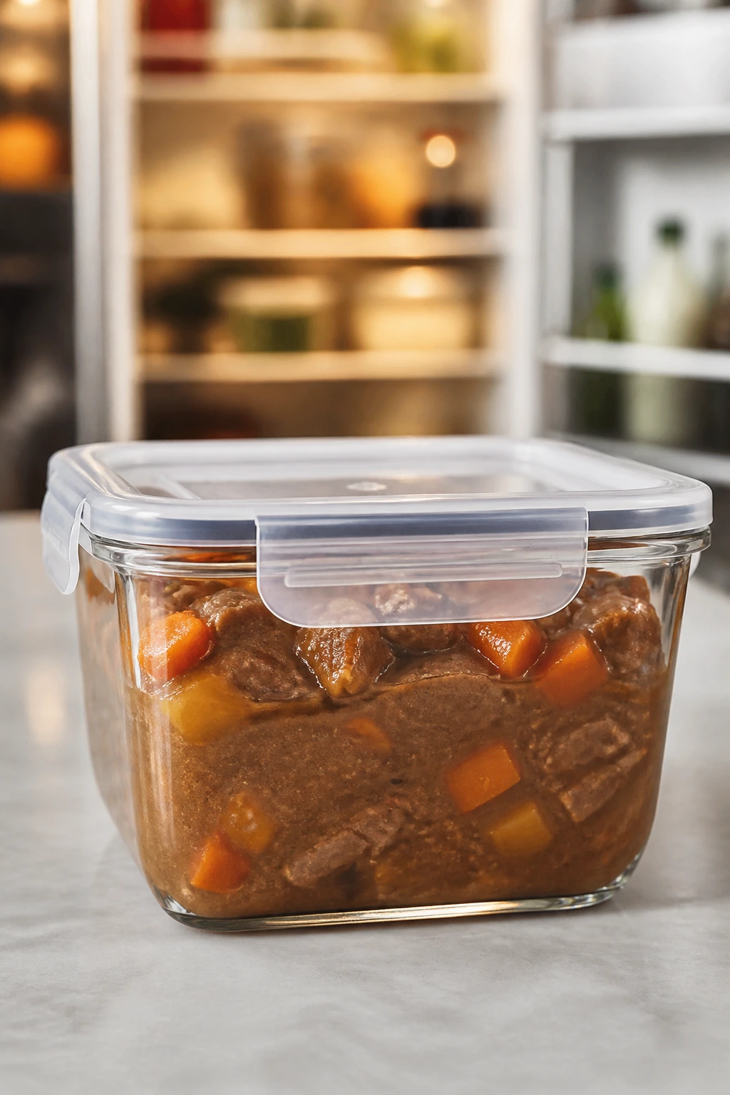 Close-up leftover beef stew in a glass container on a kitchen counter