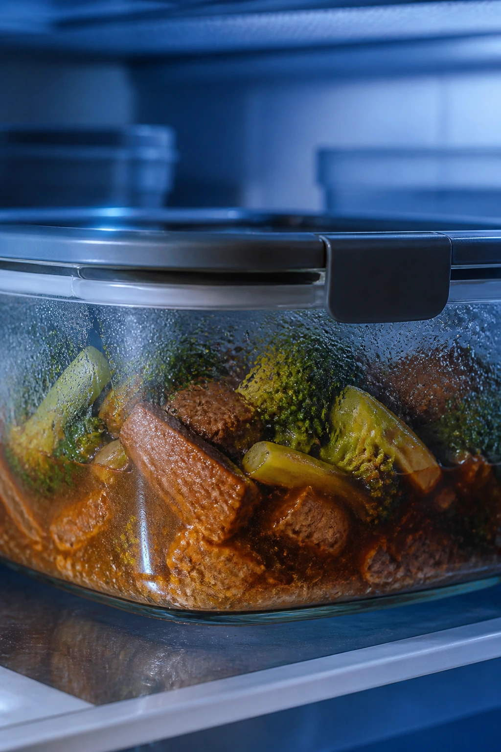 Leftover beef and sauce in a sealed glass container in the fridge