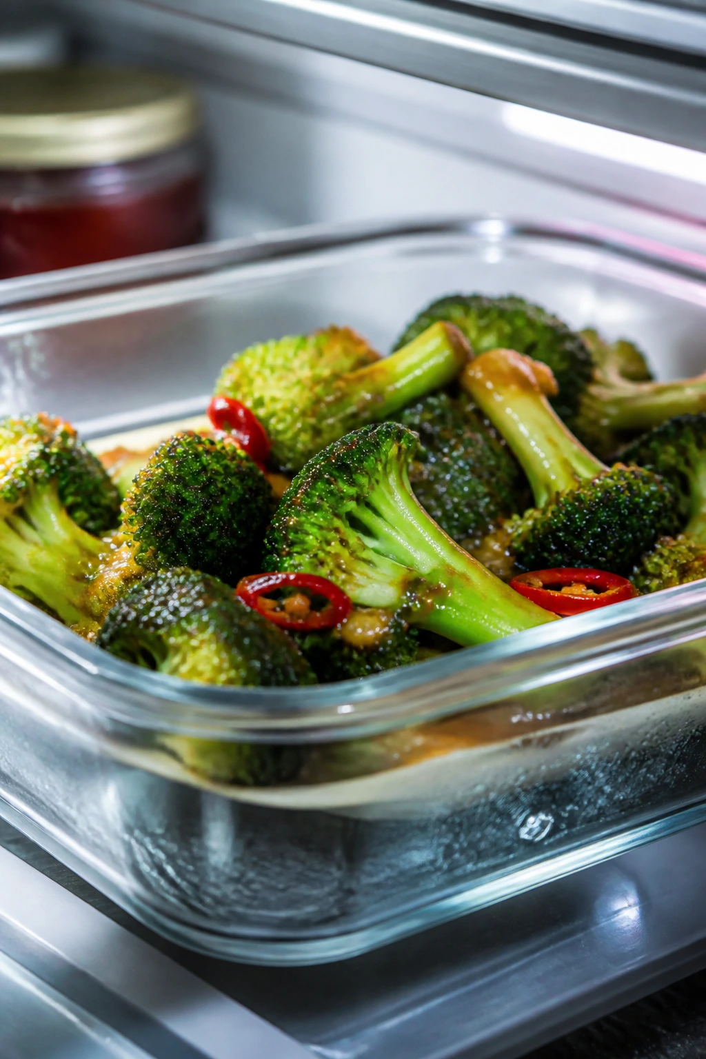 Leftover broccoli with glossy sauce stored in a container.
