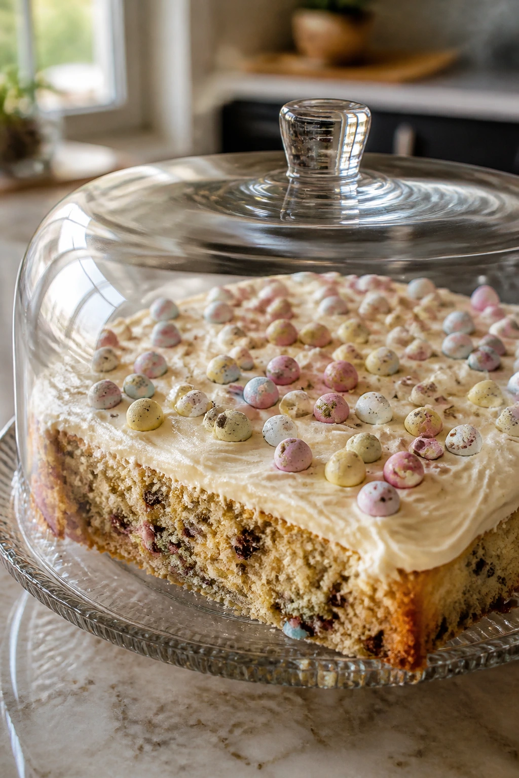 Close-up of frosted cake in a glass carrier illustrating make-ahead storage