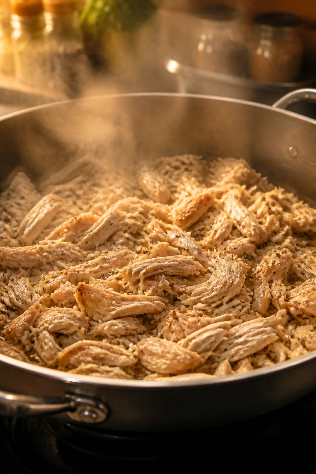 Large 12-inch skillet with warm leftover chicken in a home kitchen