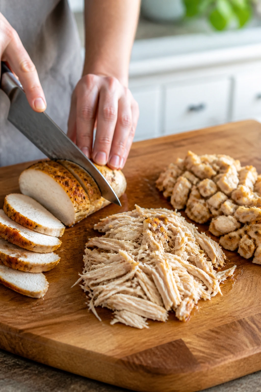 Hand slicing roast chicken into strips with shredded and chopped pieces on the cutting board