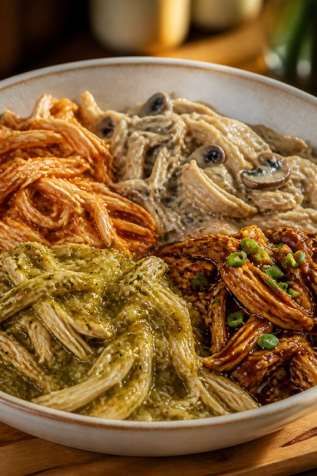 Close-up of shredded chicken with colorful sauces in a bowl