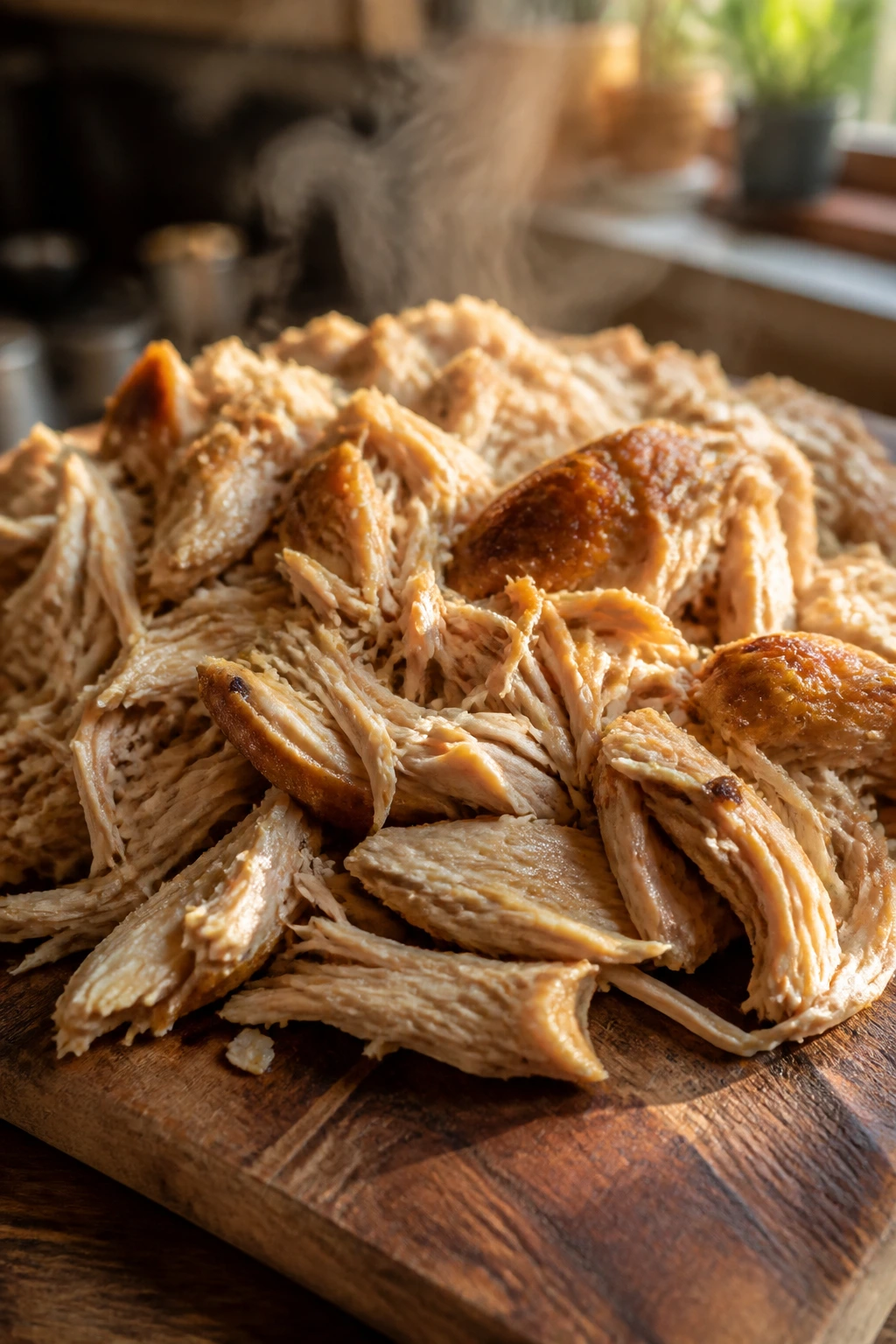 Close-up of glossy shredded leftover chicken on a wooden board in a warm kitchen.