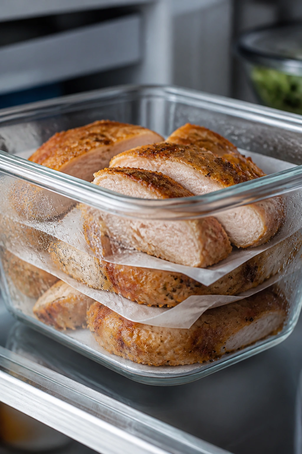 Glass container with parmesan chicken leftovers, parchment layers and condensation in fridge