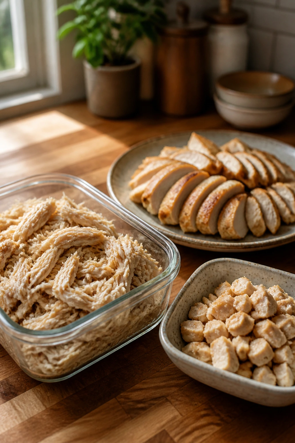 Close-up of shredded, sliced, and diced leftover chicken on a kitchen counter