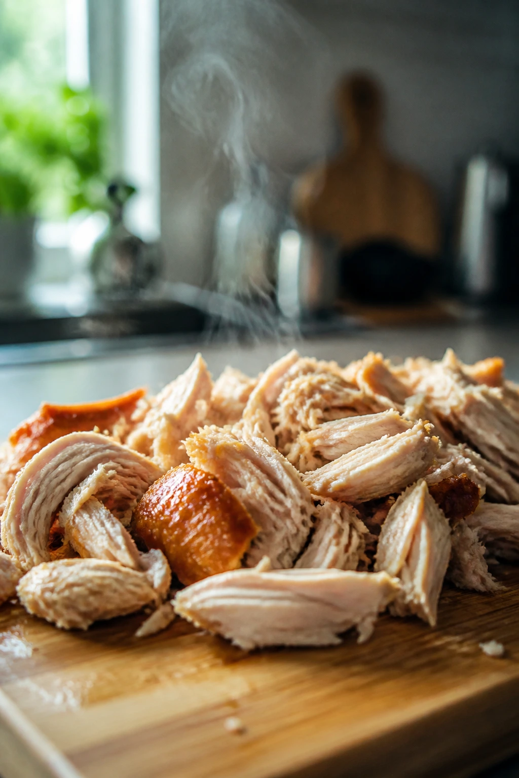 Close-up of shredded chicken cooling on a wooden cutting board