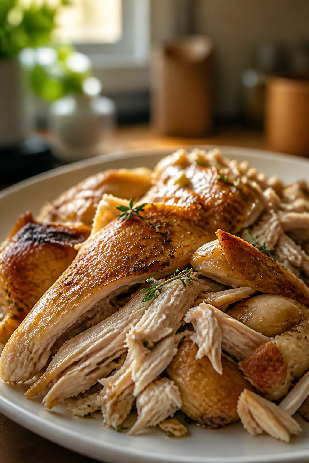 Close-up of glistening rotisserie chicken with herbs on a plate