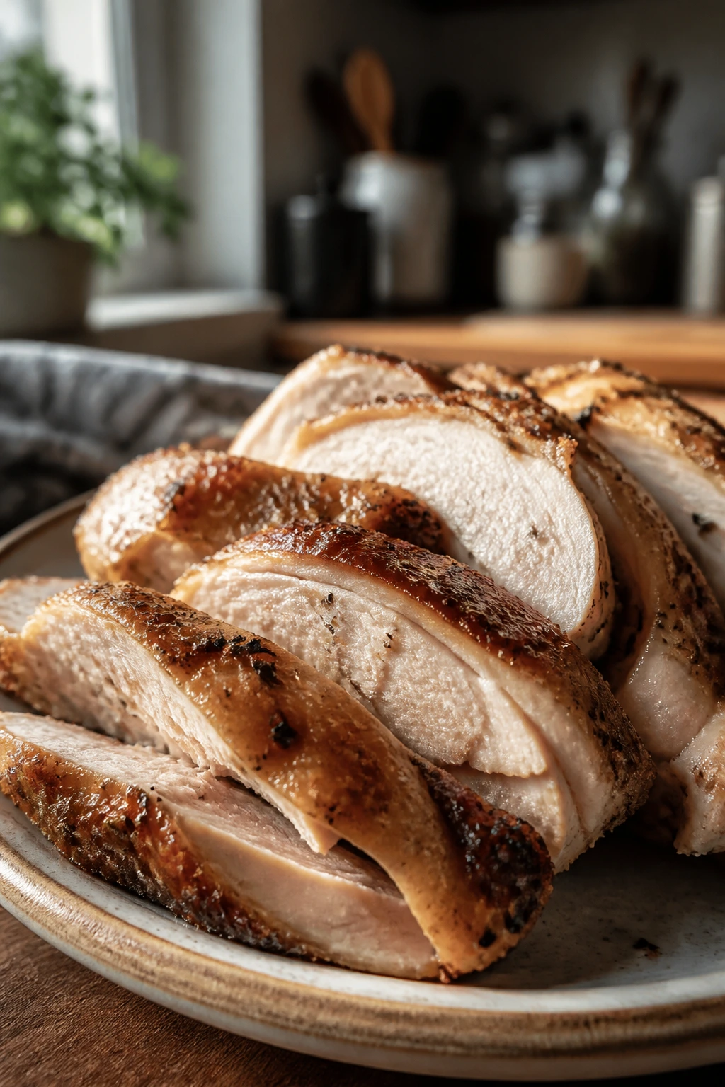 Close-up of sliced leftover roast chicken on a rustic plate with warm kitchen lighting