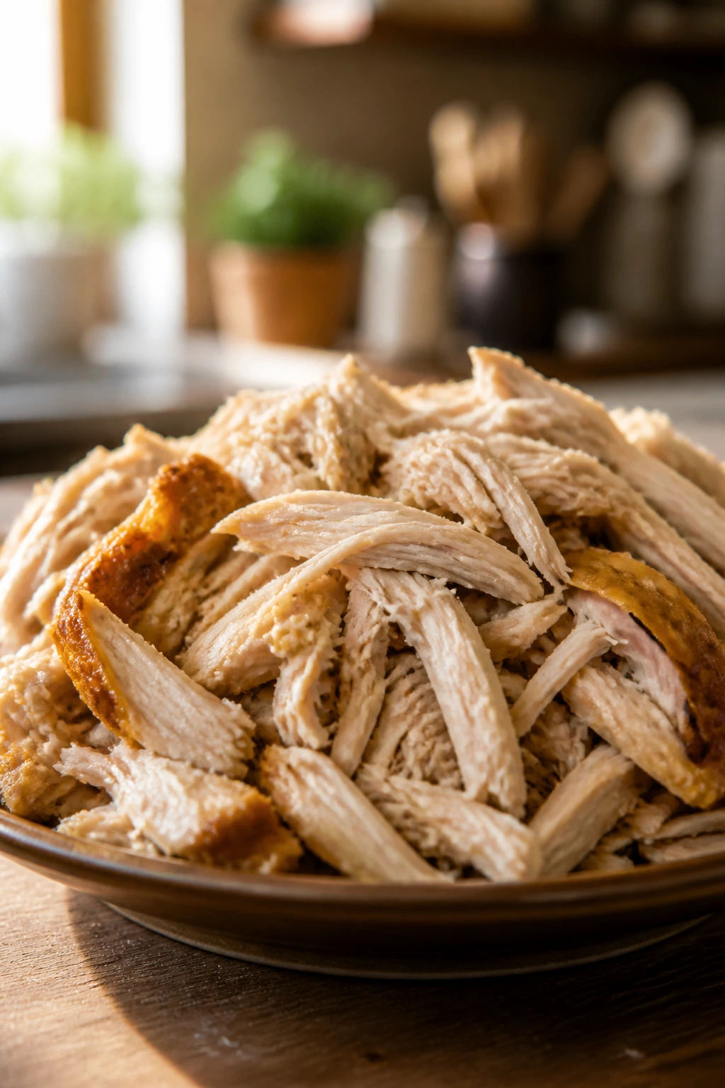 Close-up of shredded leftover rotisserie chicken on a plate in a cozy kitchen