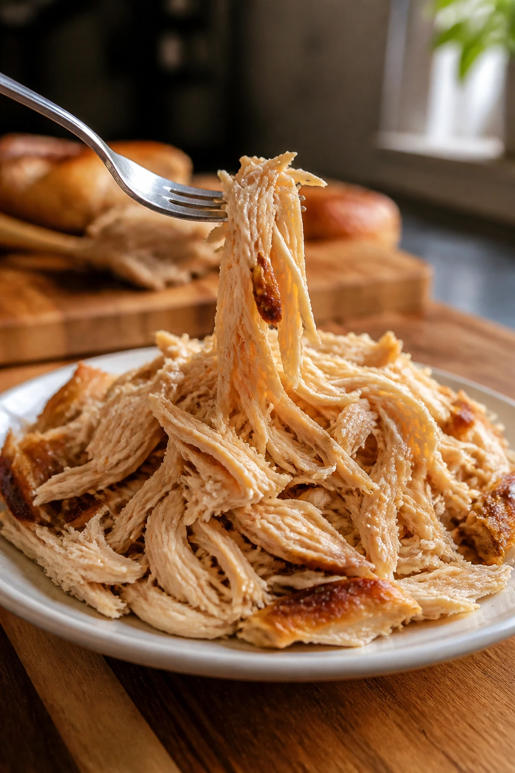 Close-up of shredded chicken on a plate with a fork lifting a strand