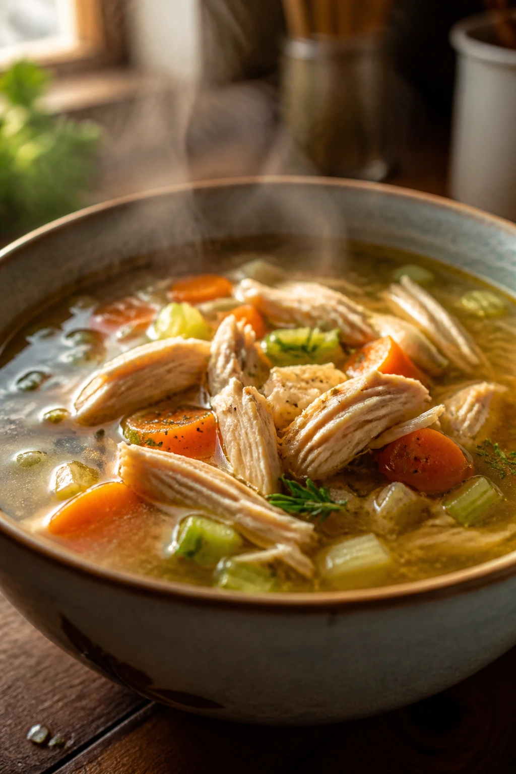 Steaming bowl of chicken soup with vegetables in a cozy kitchen