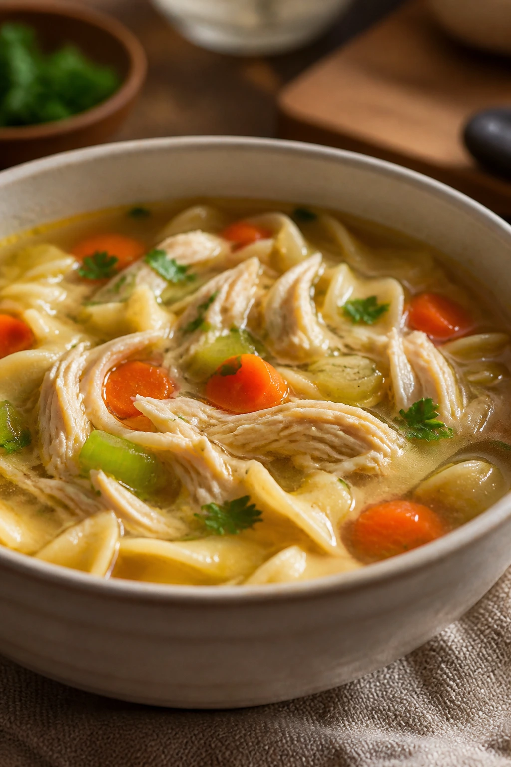 Steaming bowl of leftover chicken noodle soup with vegetables