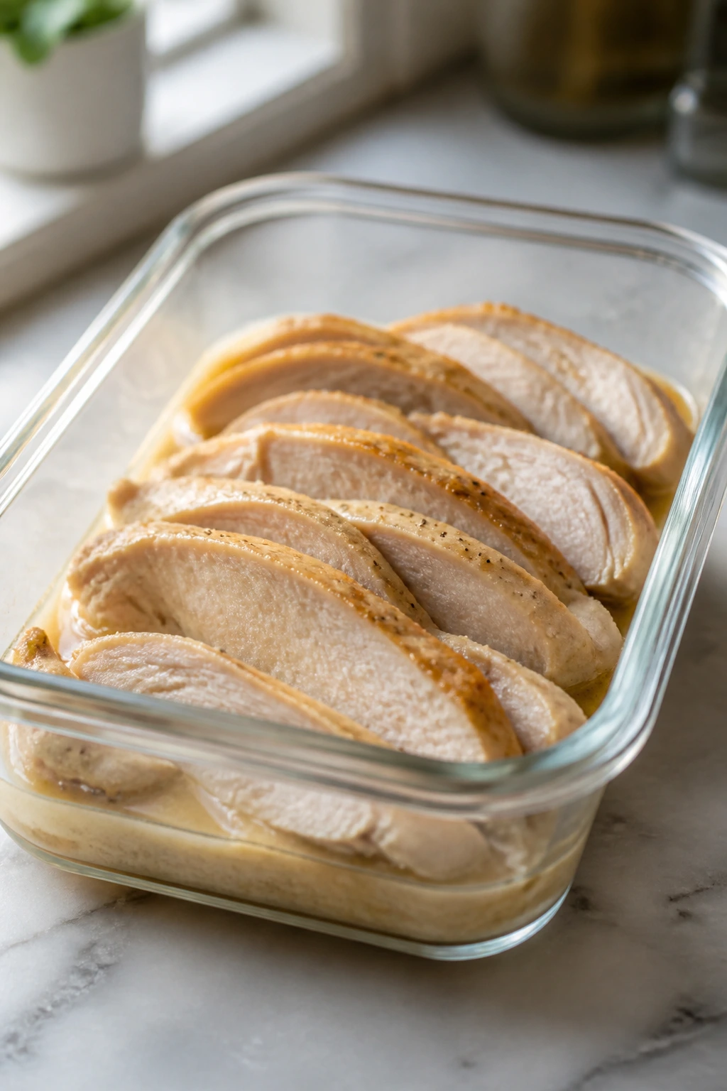 Leftover sliced chicken in a glass storage container on a kitchen counter