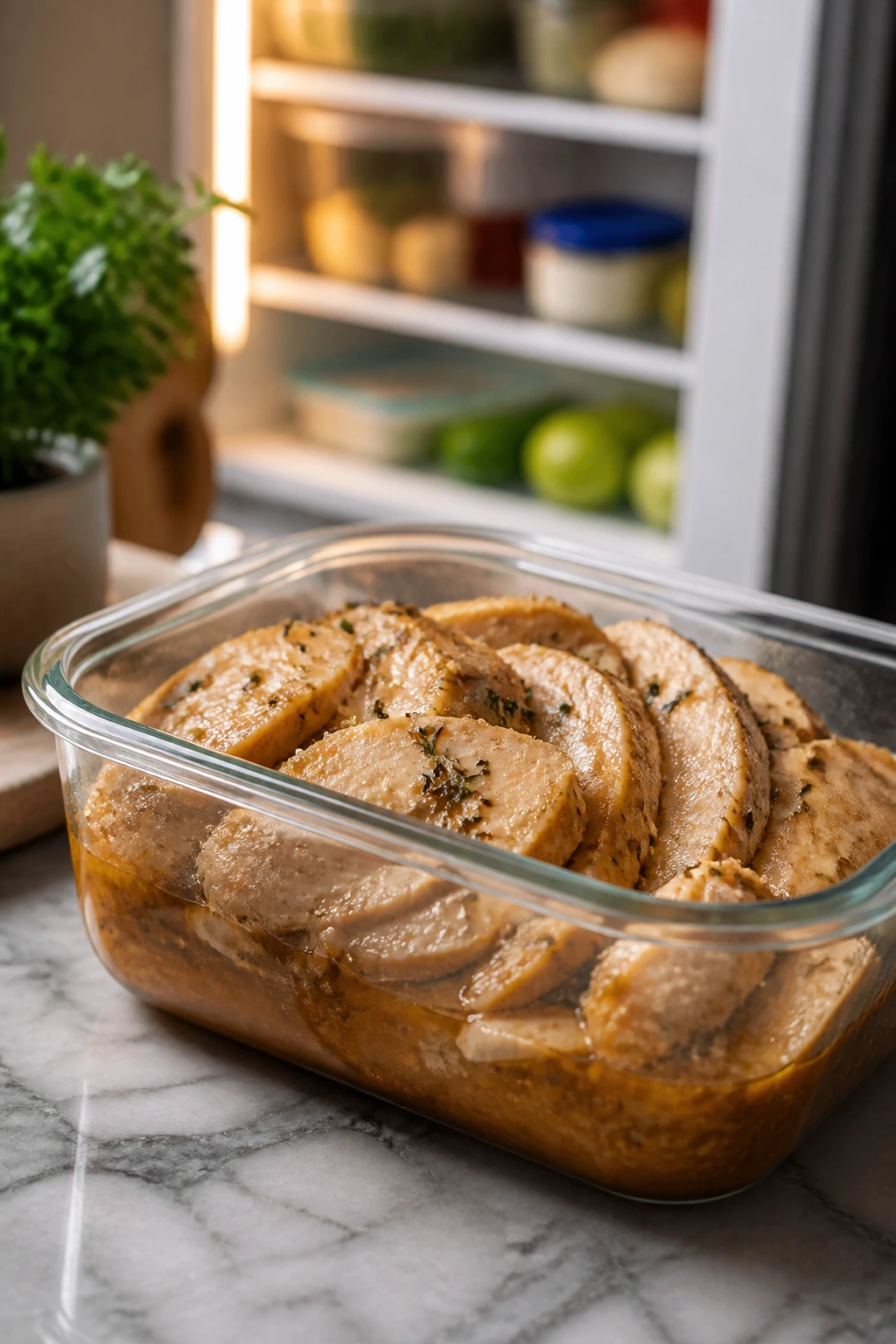 A sealed glass container of leftover chicken and sauce ready for refrigeration.