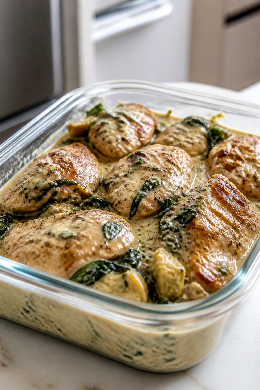 Glass container of creamy chicken leftovers in kitchen
