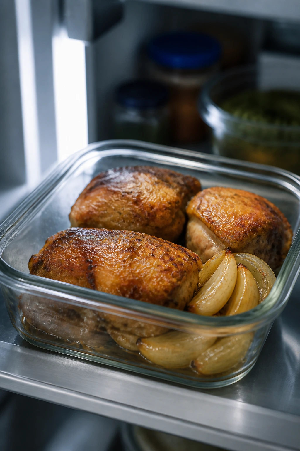 Leftover chicken thighs in a transparent container in the fridge