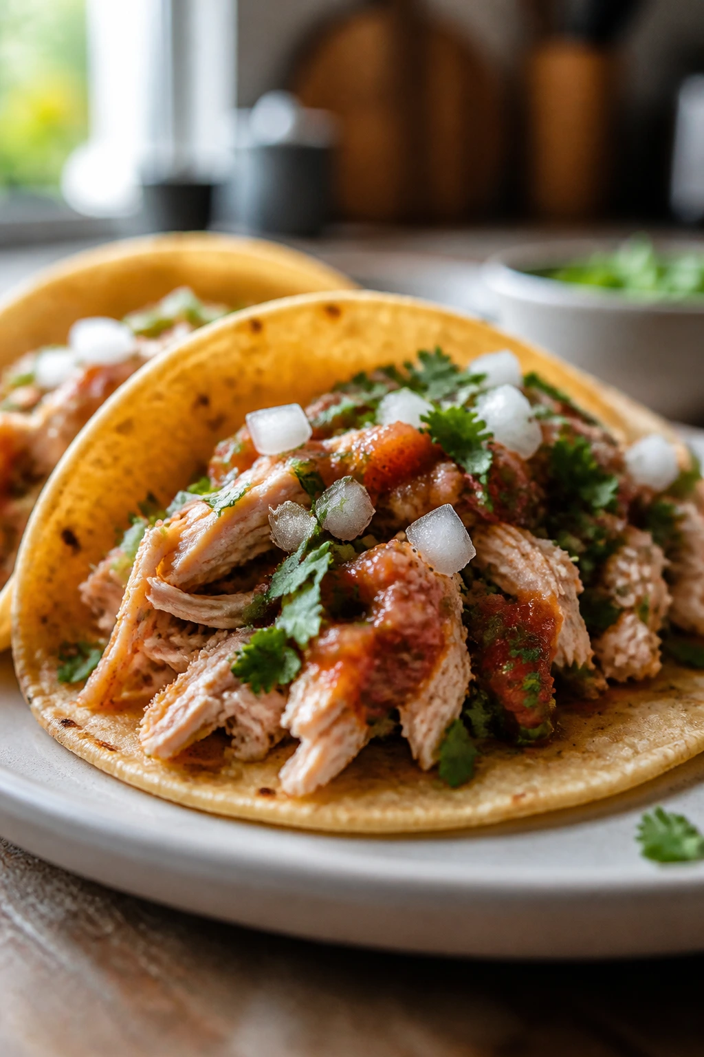 Close-up of a chicken taco with shredded chicken