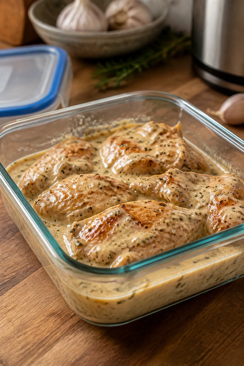 Leftover creamy garlic chicken in glass container on kitchen counter