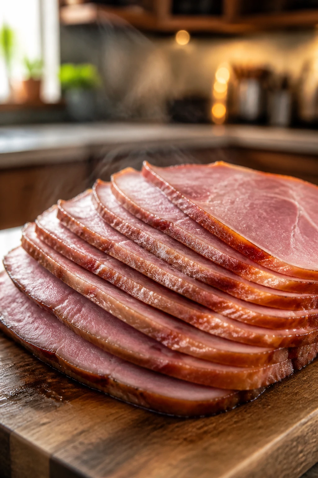 Sliced leftover ham with moisture sheen on wooden board