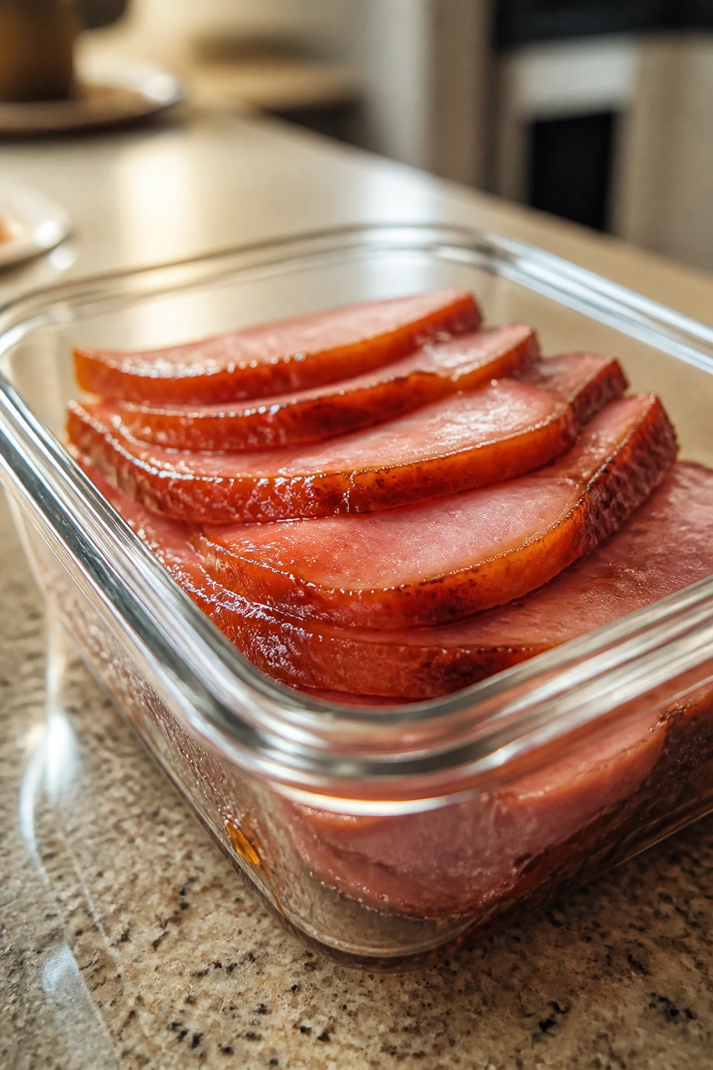 Leftover glazed ham slices in clear container