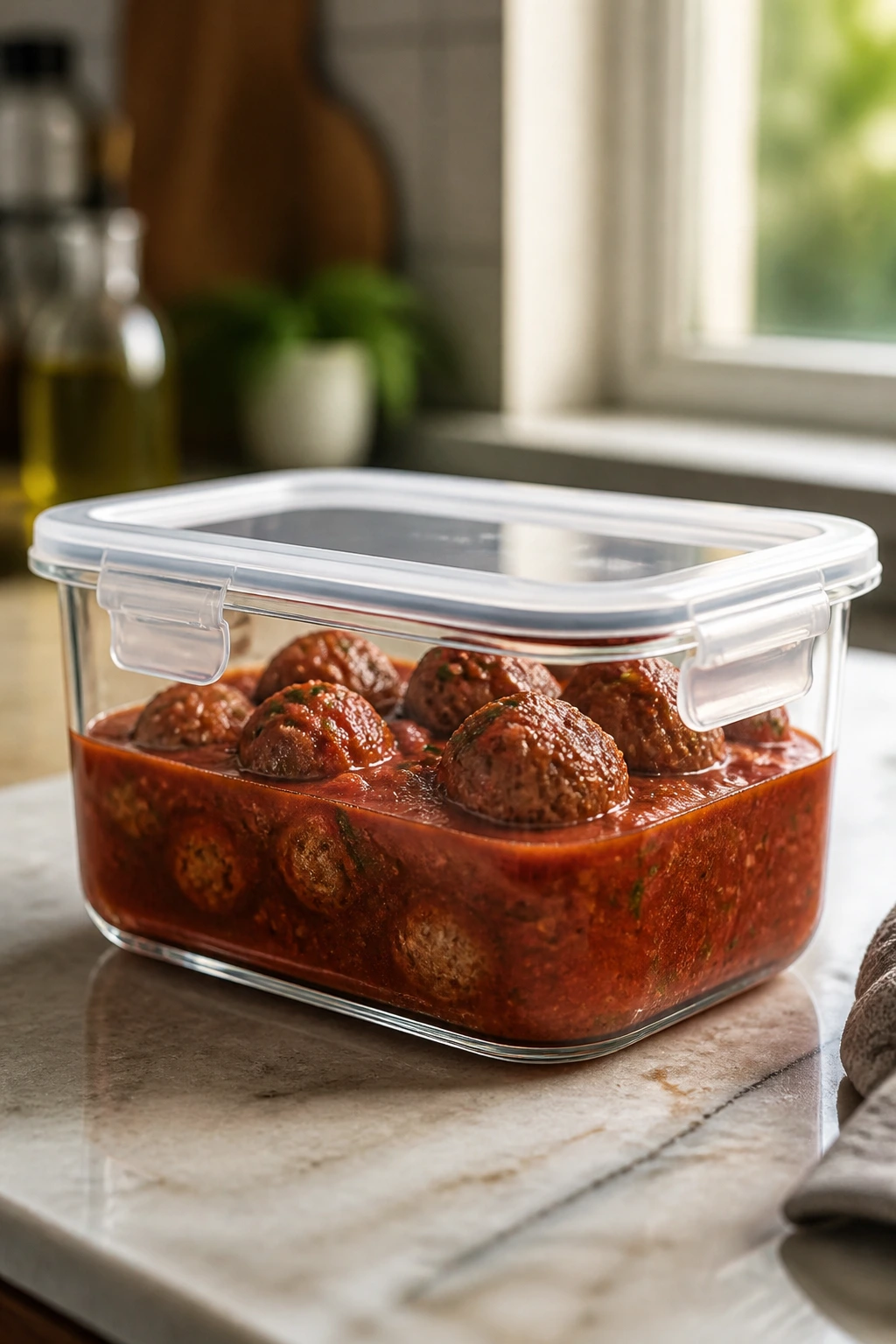 Glass storage container with meatballs in sauce for leftovers