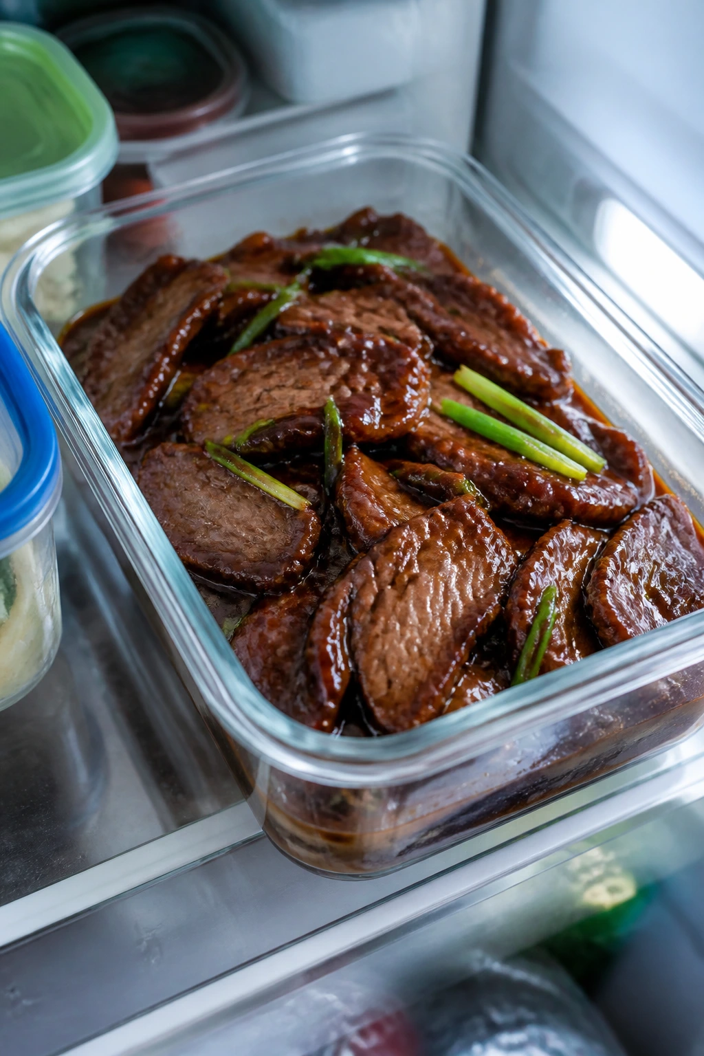 Glass container of Mongolian beef in the fridge for storing