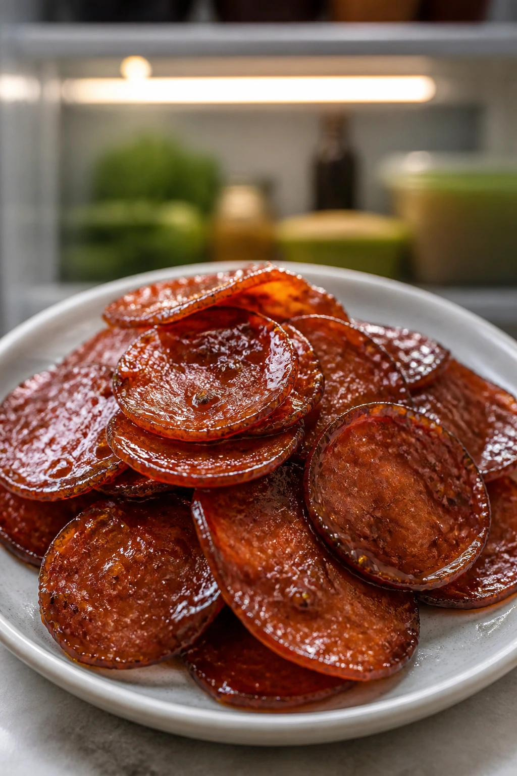 Glossy glazed pepperoni slices stacked on a plate for leftovers