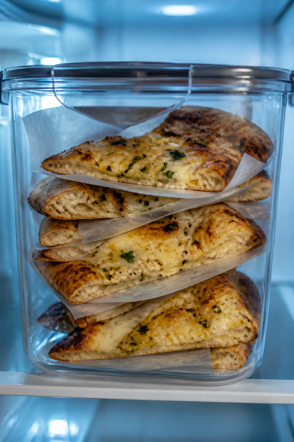 Close-up of leftover pizza slices in an airtight fridge container