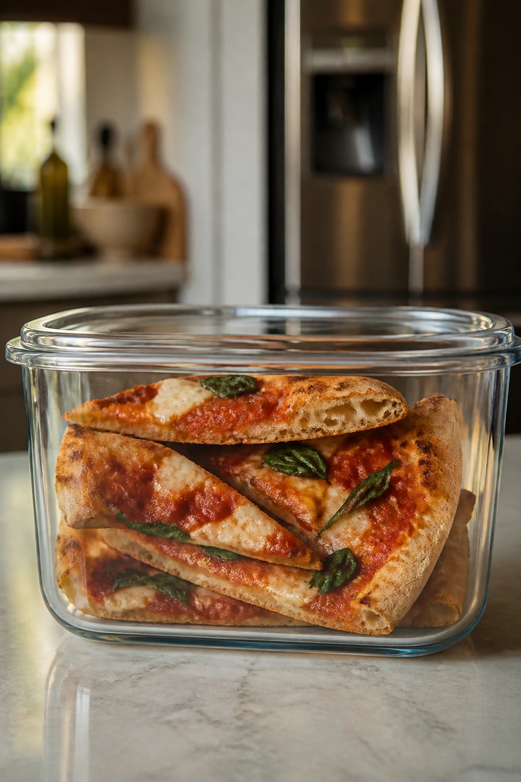 Close-up of an airtight container with leftover pizza slices on a kitchen counter