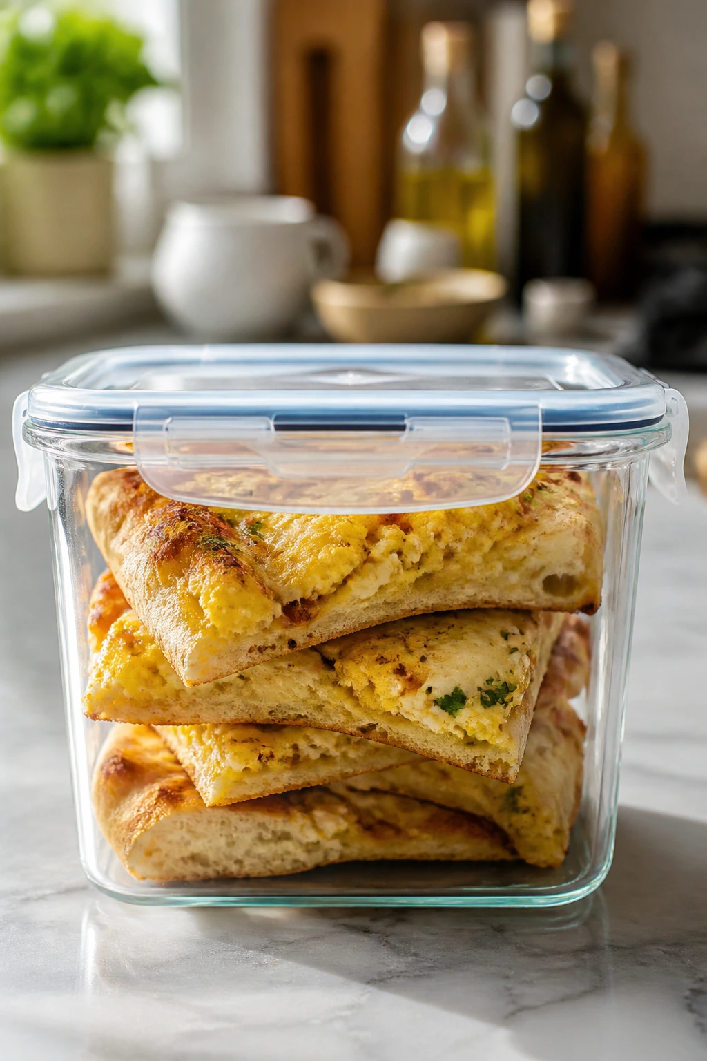 Leftover garlicky egg breakfast pizza in a glass storage container