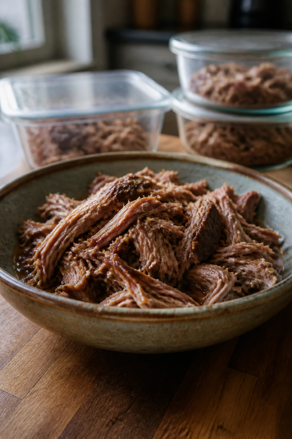 Shredded leftover pulled pork in a rustic bowl on a kitchen counter