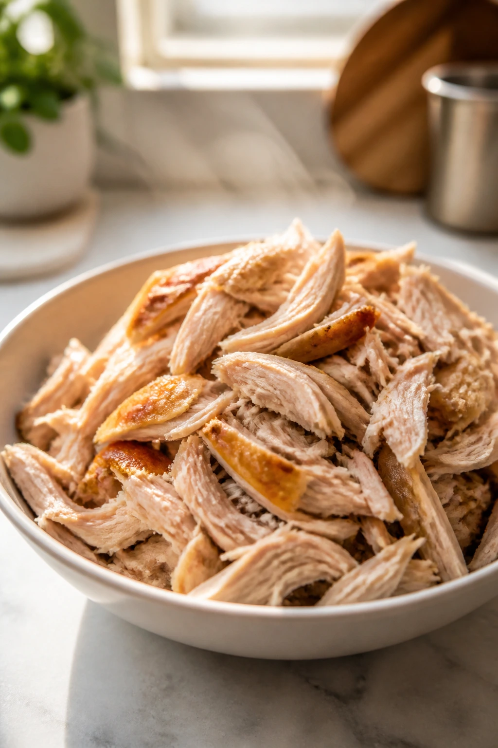 Bowl of shredded leftover rotisserie chicken on a bright kitchen counter