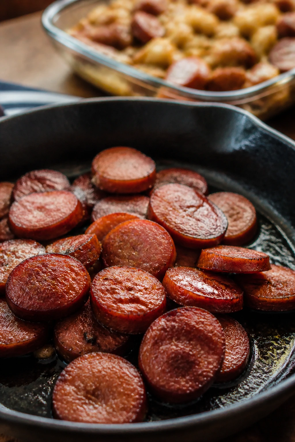 Leftover browned sausage slices in pan juices