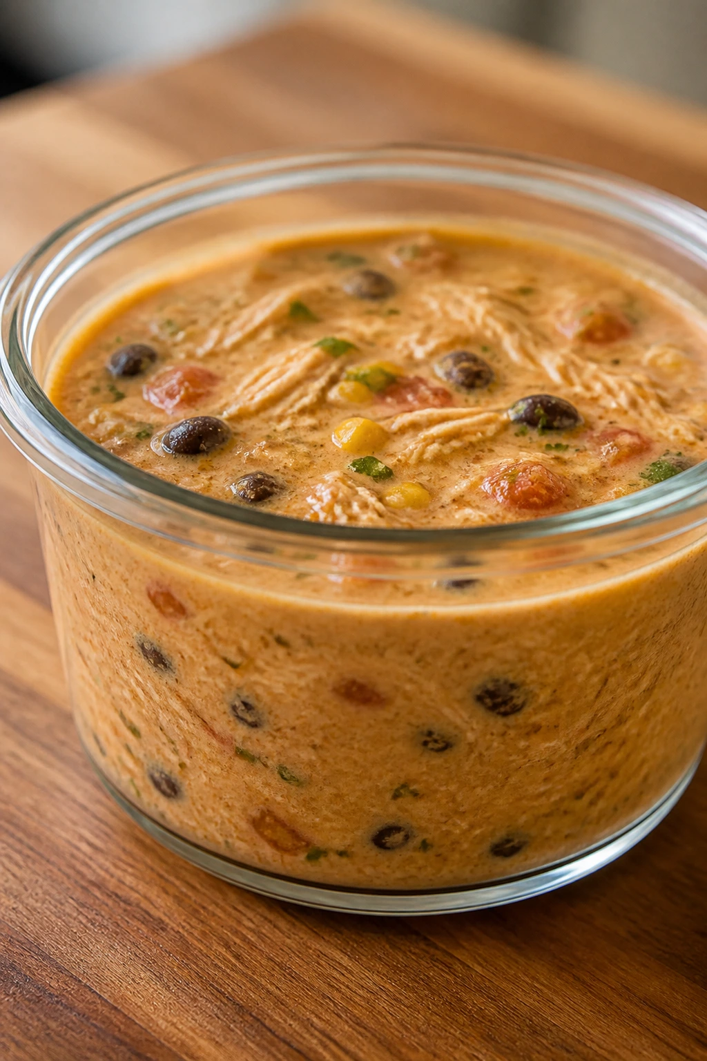 Thick creamy leftover soup in a container