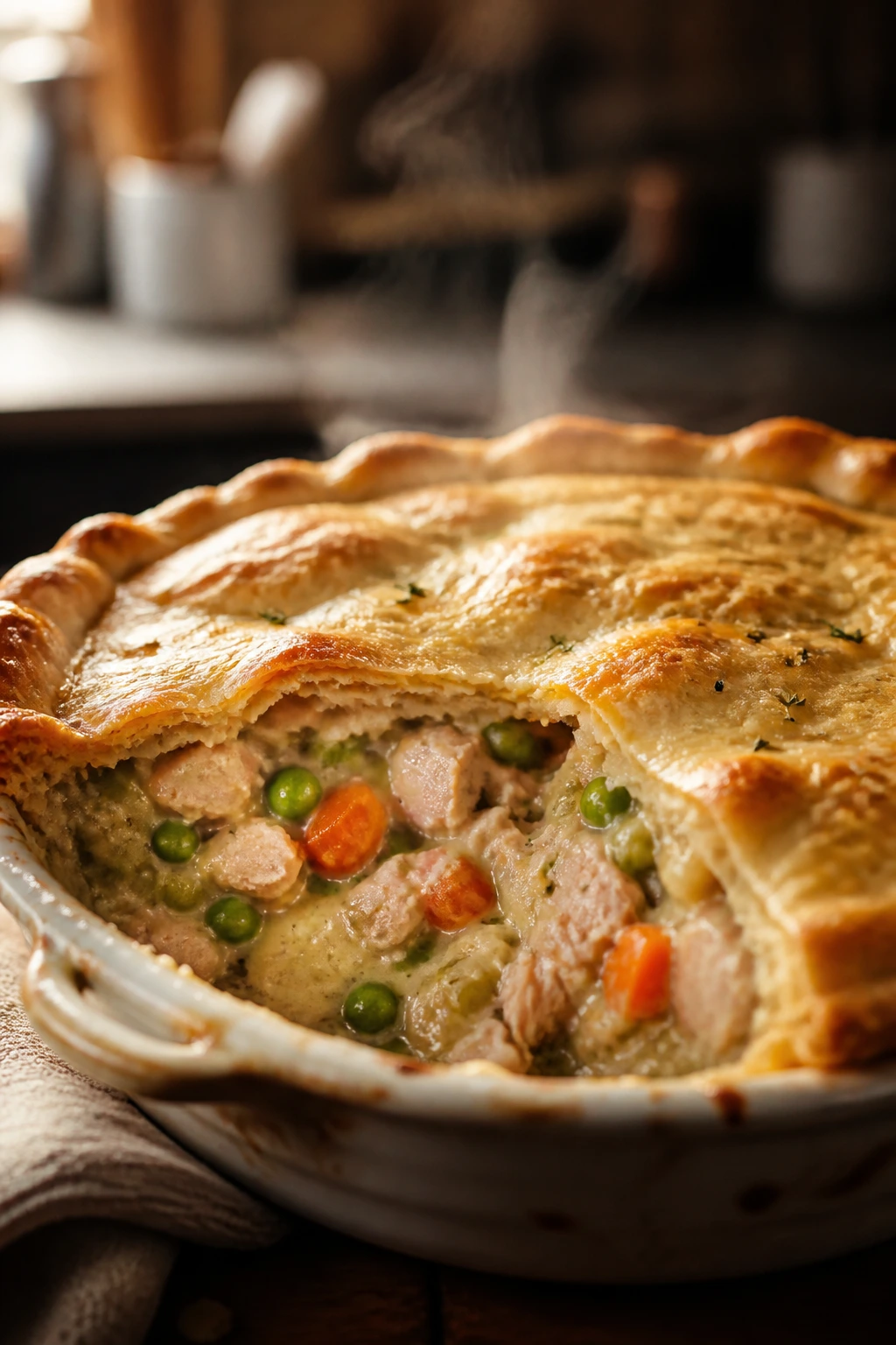 Leftover turkey and chicken pot pie slice revealed in a baking dish