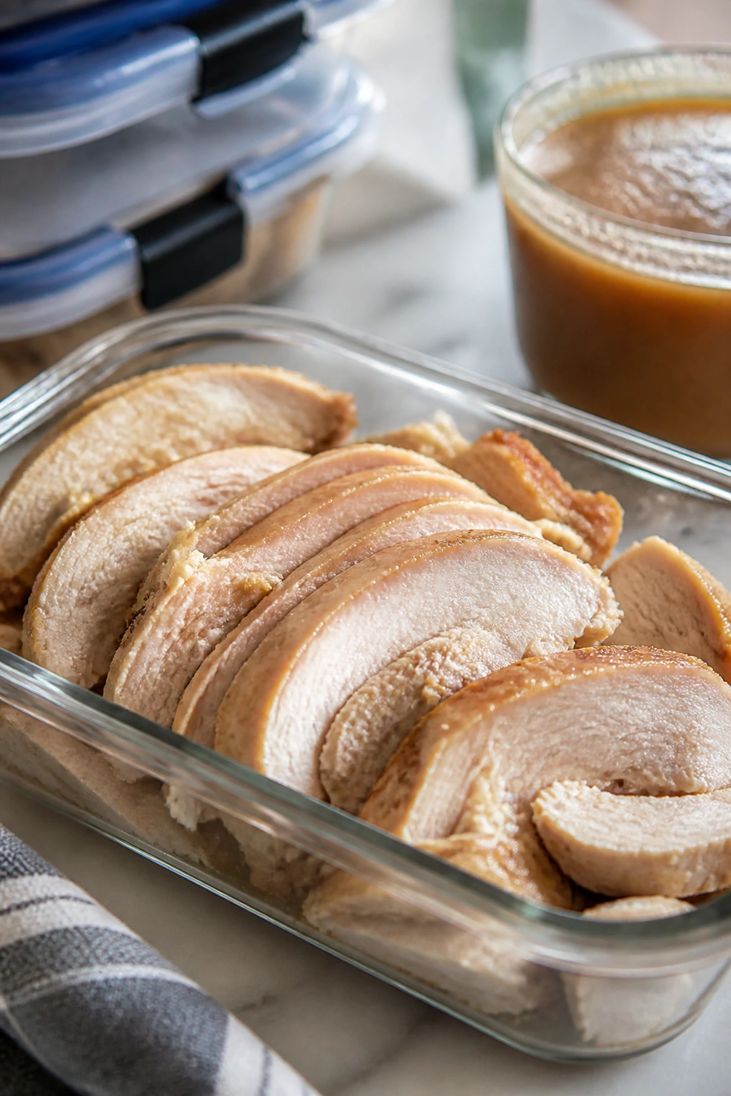 Leftover turkey slices with gravy in container
