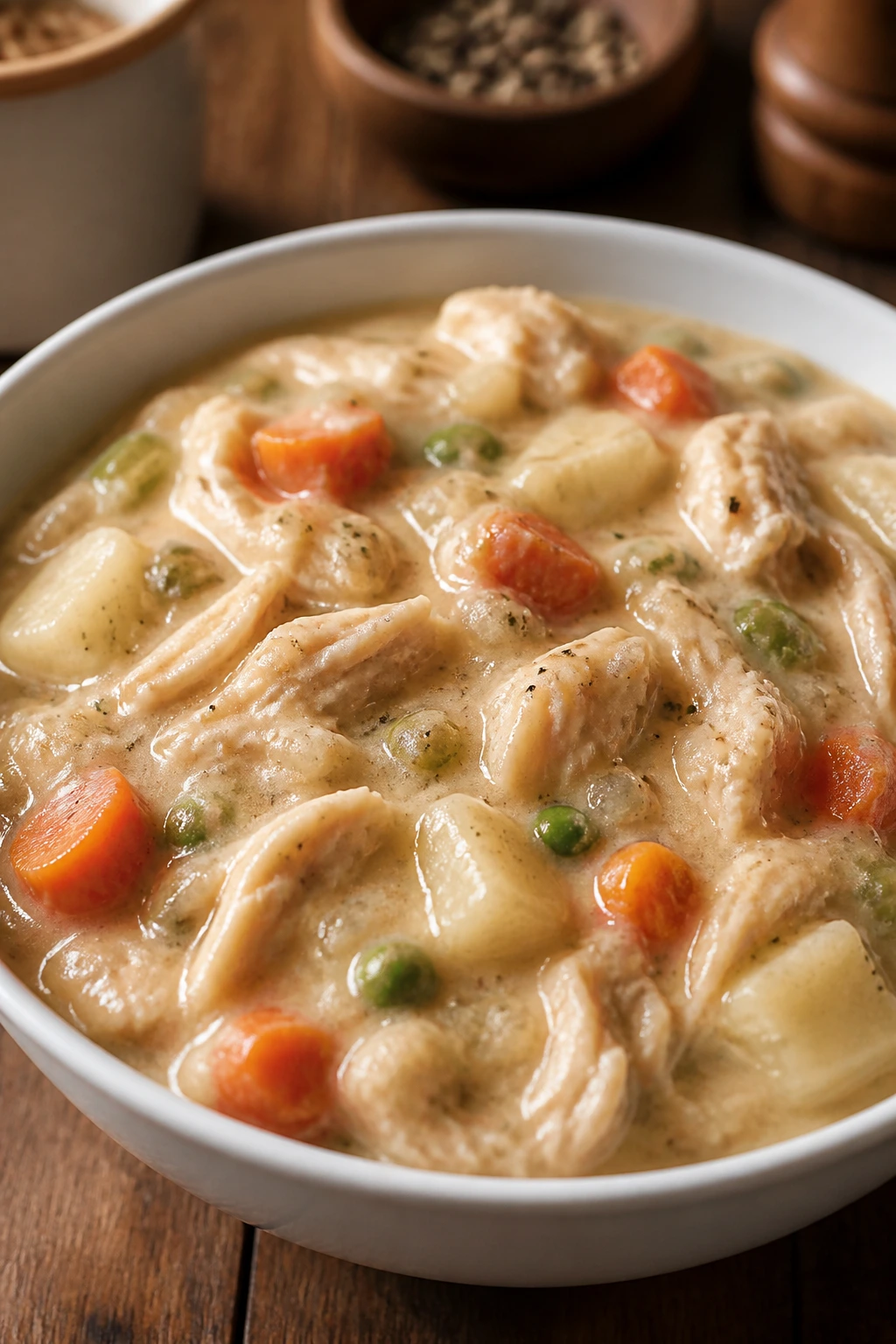 Creamy leftover turkey pot pie filling in a bowl with potatoes and vegetables
