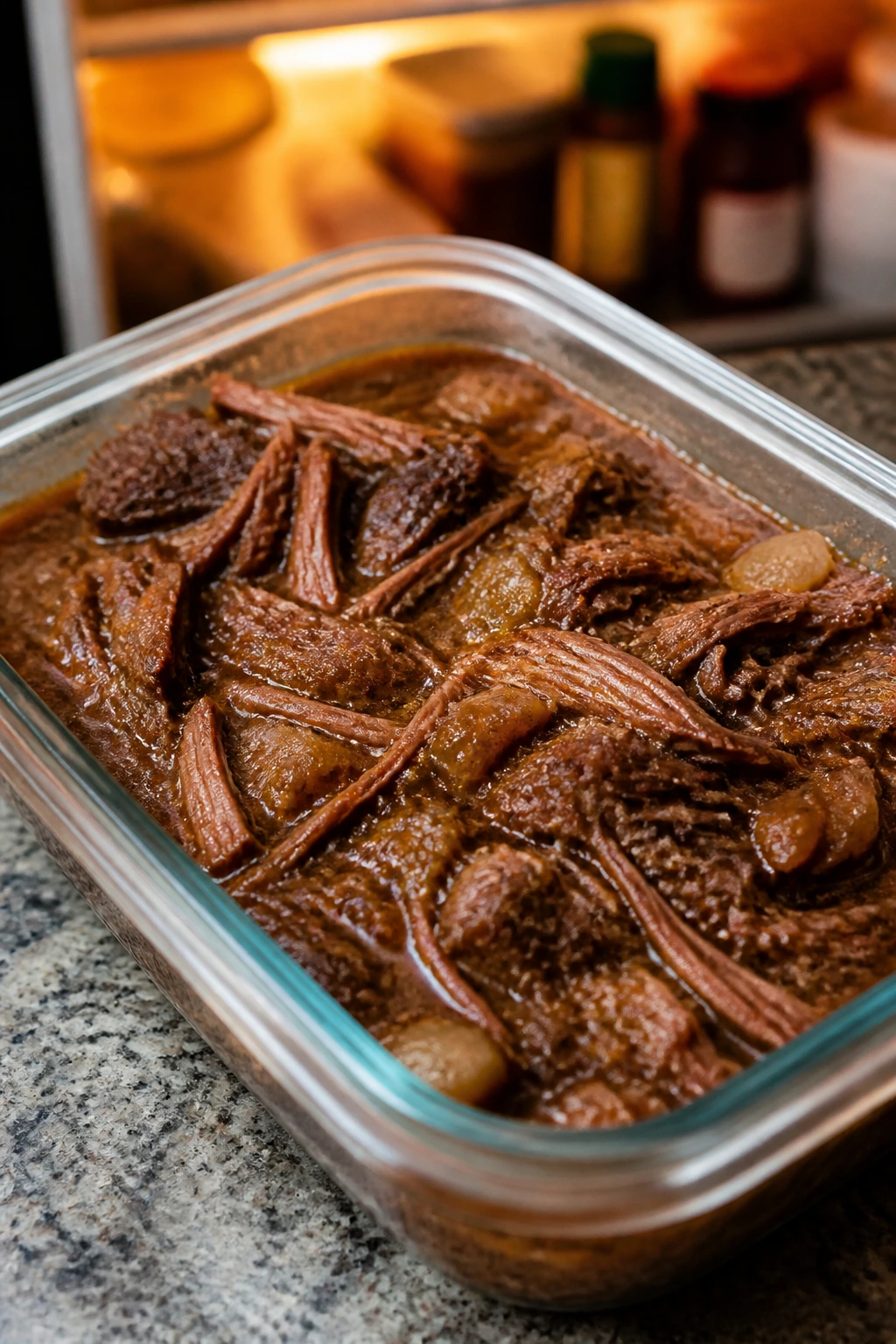 Leftover shredded beef in container with gravy