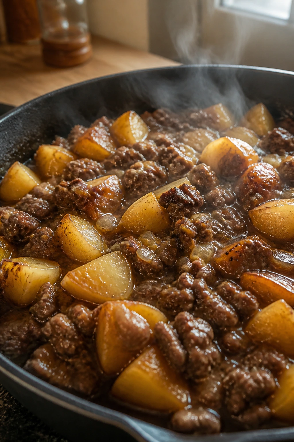 Reheated beef and potatoes with glossy sauce and steam, leftovers visualized.