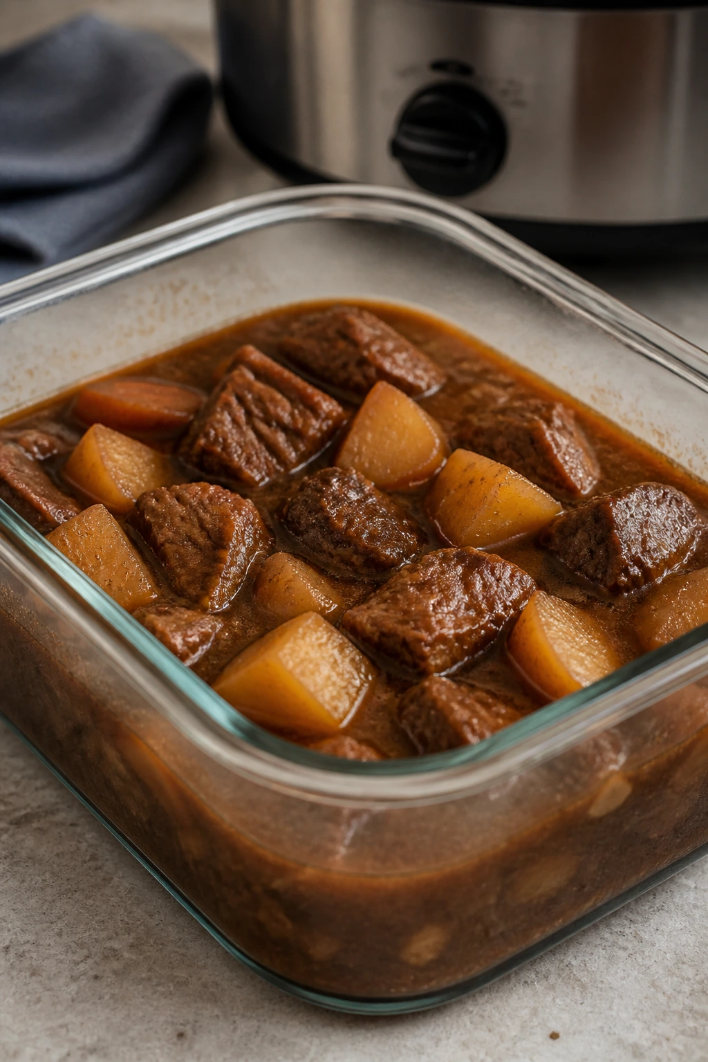 Beef stew leftovers in a glass storage container on a counter
