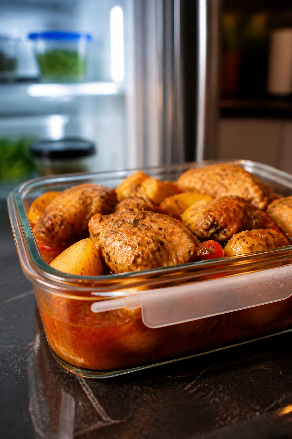 Glass container of braised chicken and potatoes in sauce on kitchen counter