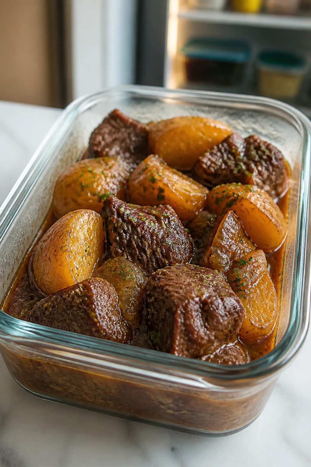 Leftover braised beef and potatoes in a glass container on a kitchen counter